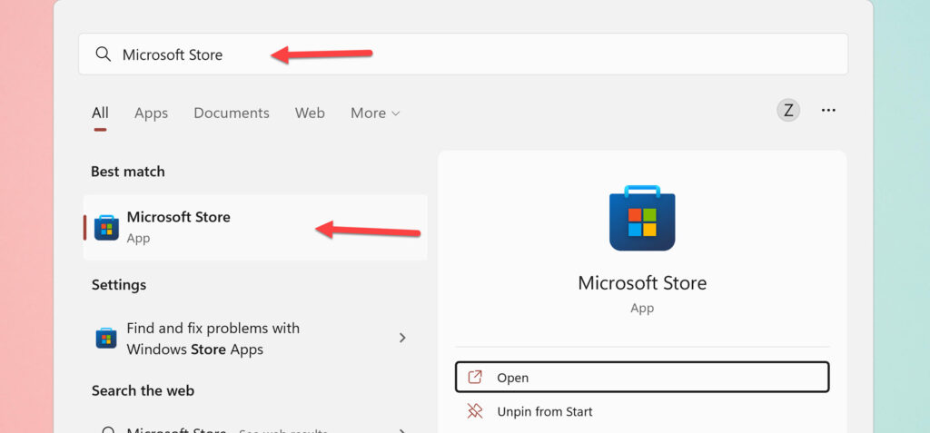 Ouvrez le Microsoft Store en le recherchant dans le menu Démarrer
