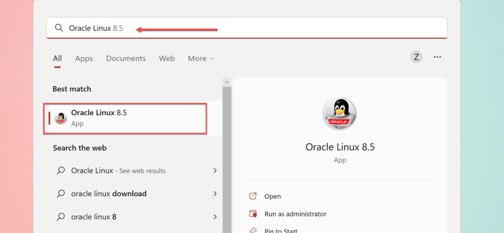 Ouvrez Oracle Linux en le recherchant dans le menu Démarrer