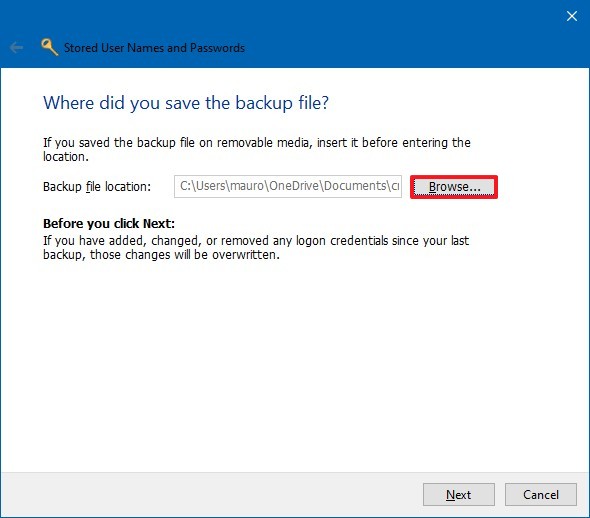 Restaurer l'emplacement du fichier d'informations d'identification Windows .crd 