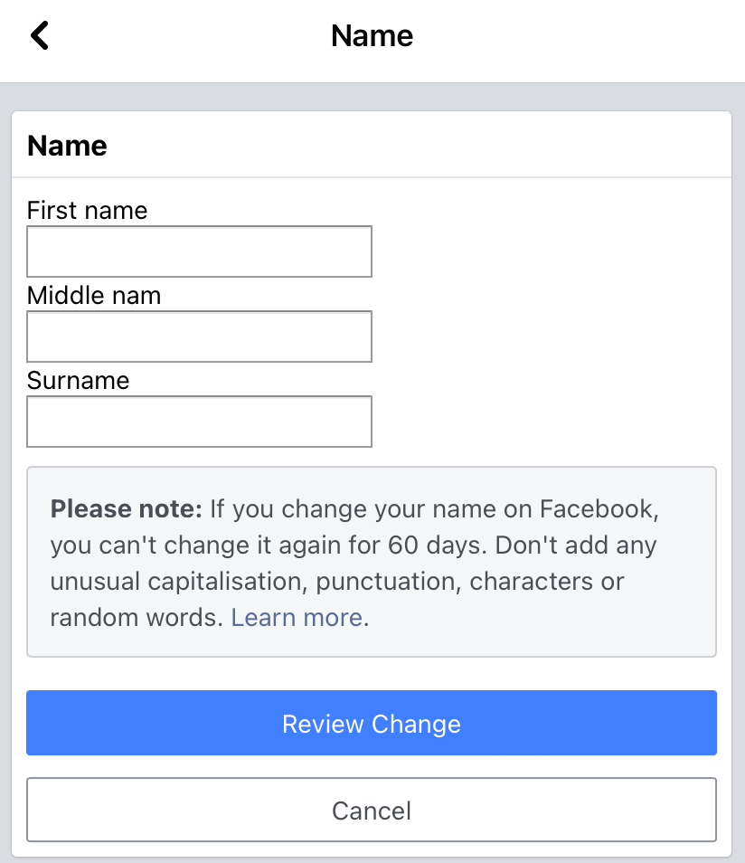 Entrez un nouveau nom Facebook