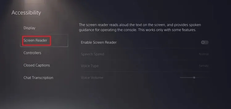Comment désactiver la voix sur PS5 - Sélectionnez le lecteur d'écran