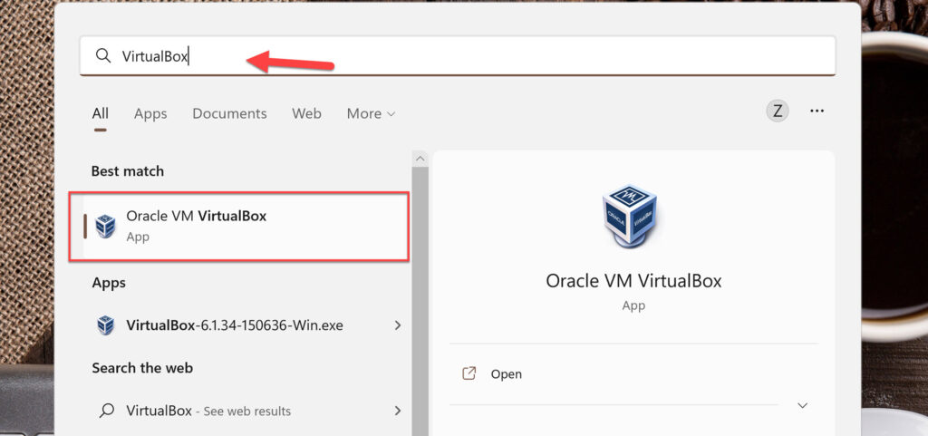 Ouvrez VirtualBox en le recherchant dans la recherche Windows