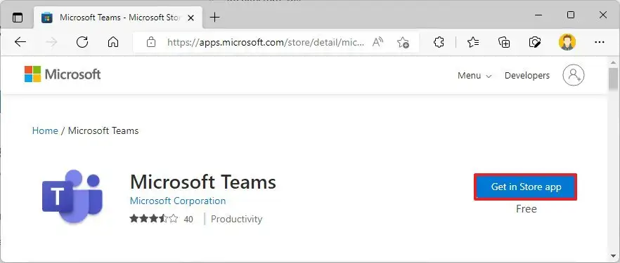 Page de la boutique en ligne Microsoft Teams