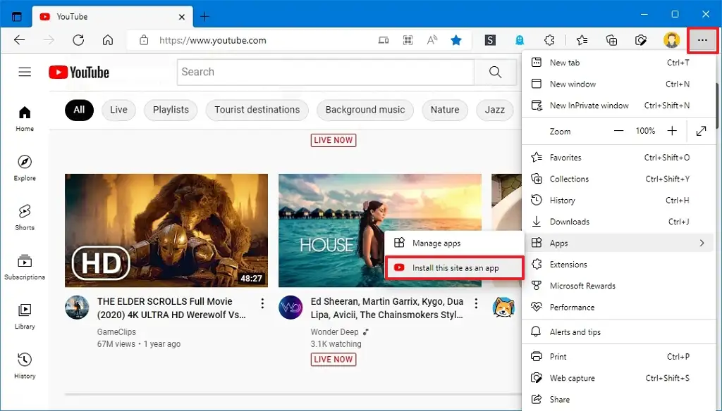 Microsoft Edge installer l'application YouTube