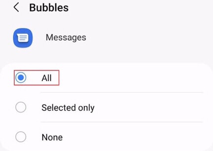 Pour activer la notification par bulles sur les messages sur Samsung (S20, S21 et S22), sélectionnez l'option 