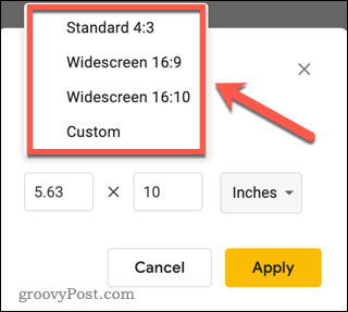 Options de dimension pour Google Slides