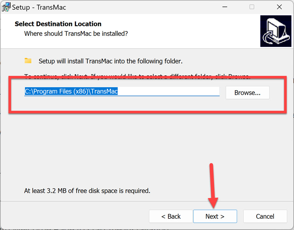 Sélectionnez l'emplacement de destination pour TransMac