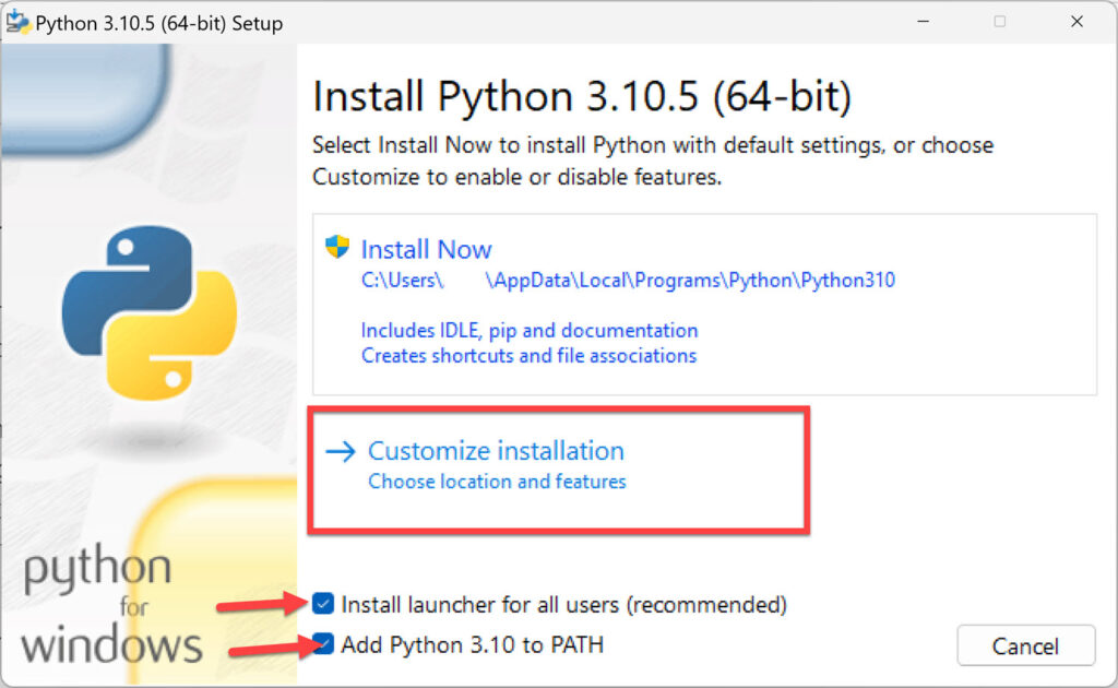 Choisissez Personnaliser l'installation pour installer Python sur Windows 11 avec des fonctionnalités