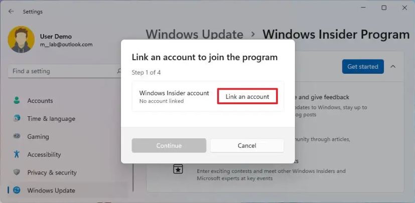 Compte Microsoft s'inscrire au programme Insider