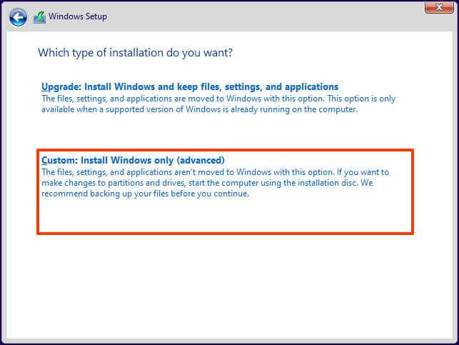 Option d'installation personnalisée de Windows 11