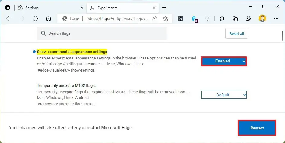 Paramètres d'affichage de la régénération visuelle de Microsoft Edge