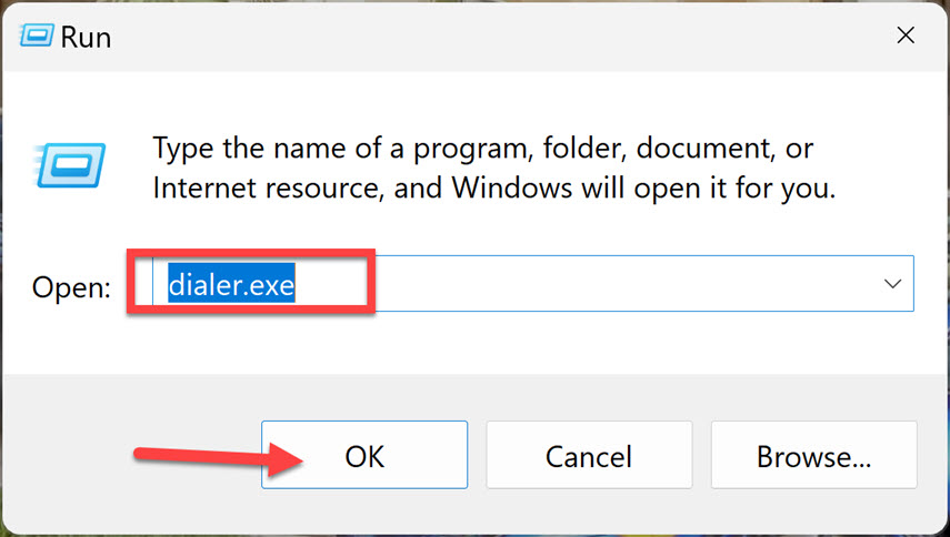 ouvrez dialer.exe à partir de la commande Exécuter