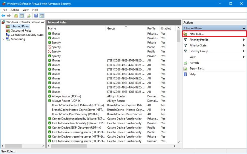 Règles entrantes du pare-feu Windows Defender