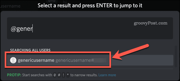 Discord sélectionnez le nom d'utilisateur