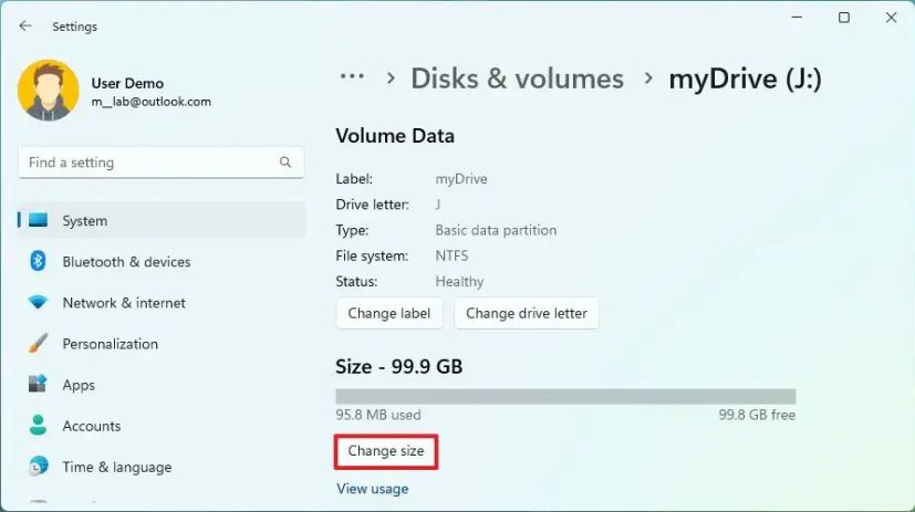 Option de changement de taille