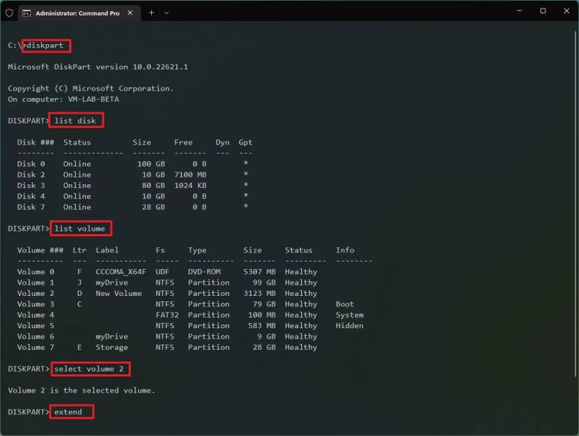 DiskPart étend les commandes de partition