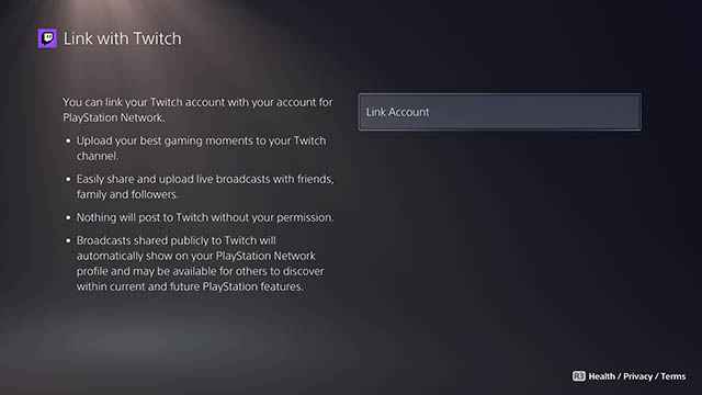 Twitch sur PS5 - Sélectionnez Link Account.