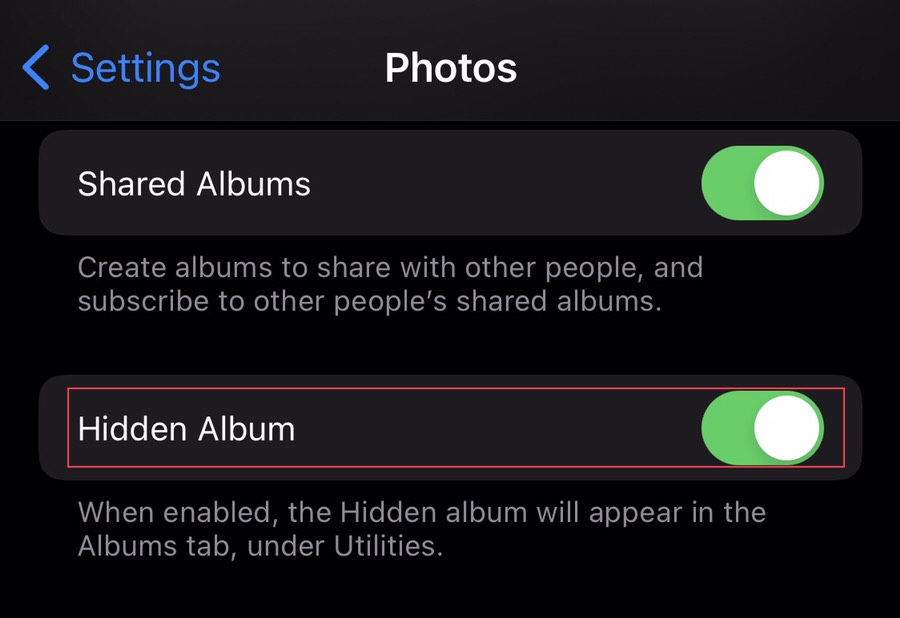 Pour masquer un album masqué sur iOS 16, appuyez sur pour activer 