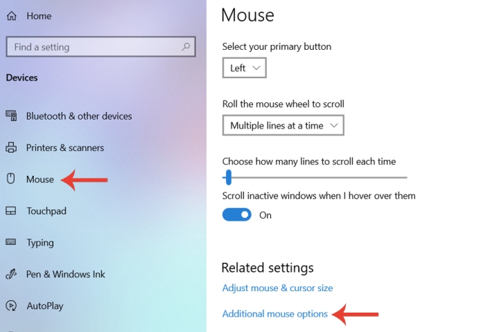 Les options de souris supplémentaires dans Windows 10.