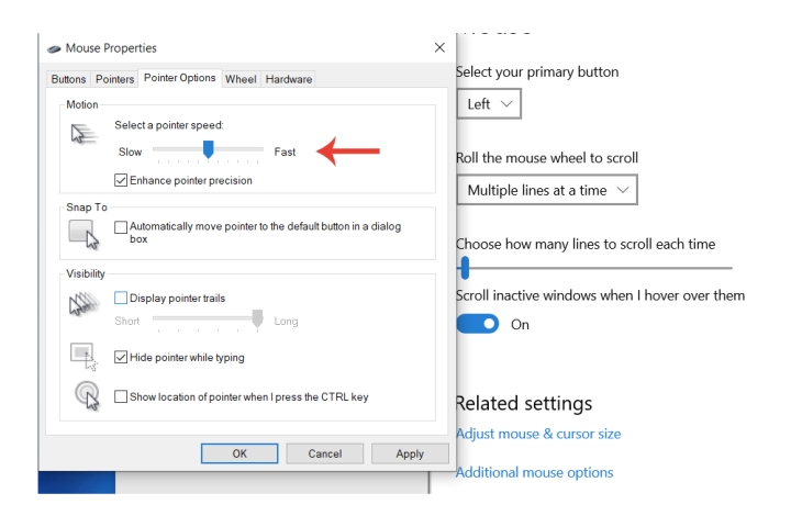 La section pour changer le DPI d'une souris sur Windows 10.