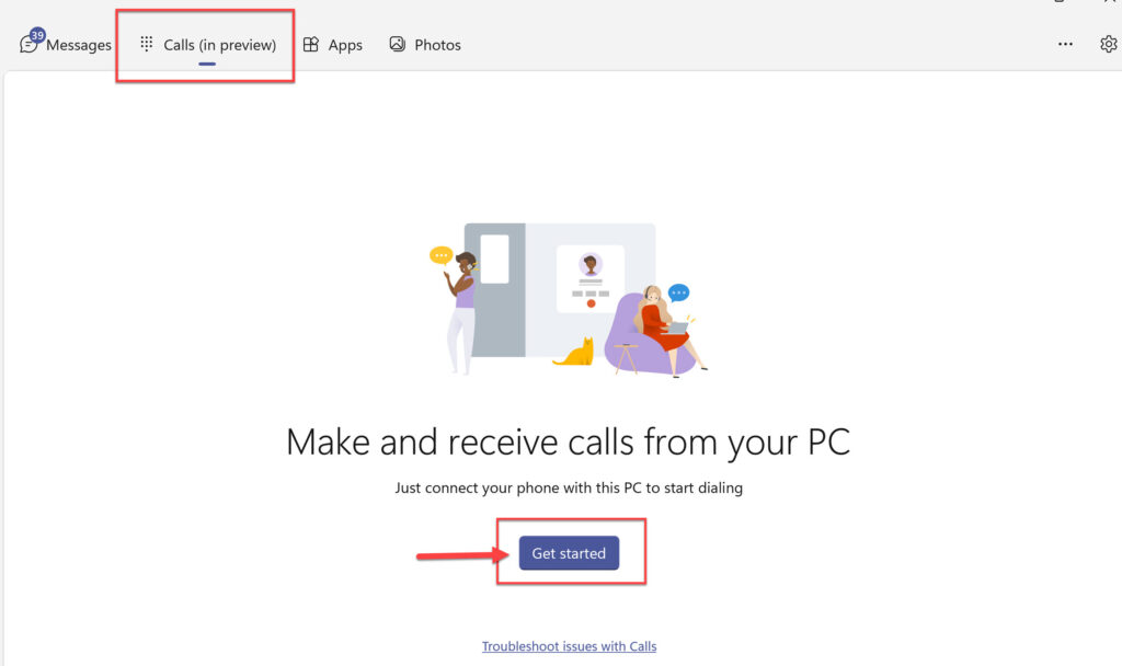 Cliquez sur Démarrer pour passer et recevoir des appels depuis votre PC
