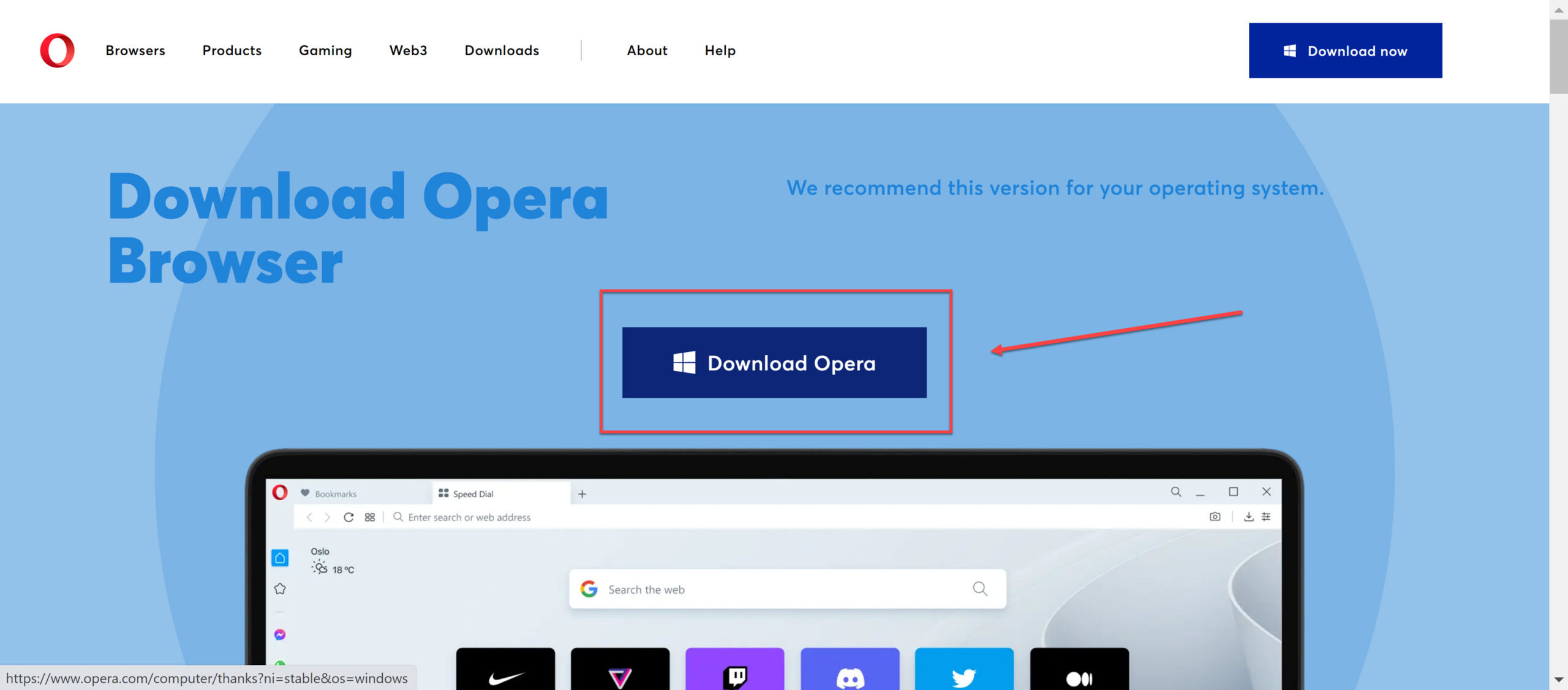 Téléchargez Opera Browser sur Windows 11 depuis son site officiel
