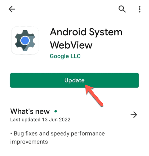 Mise à jour de WebView du système Android dans le Google Play Store