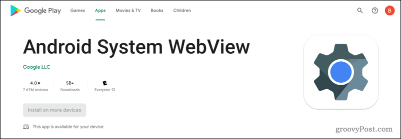Système Android WebView dans Google Play Store