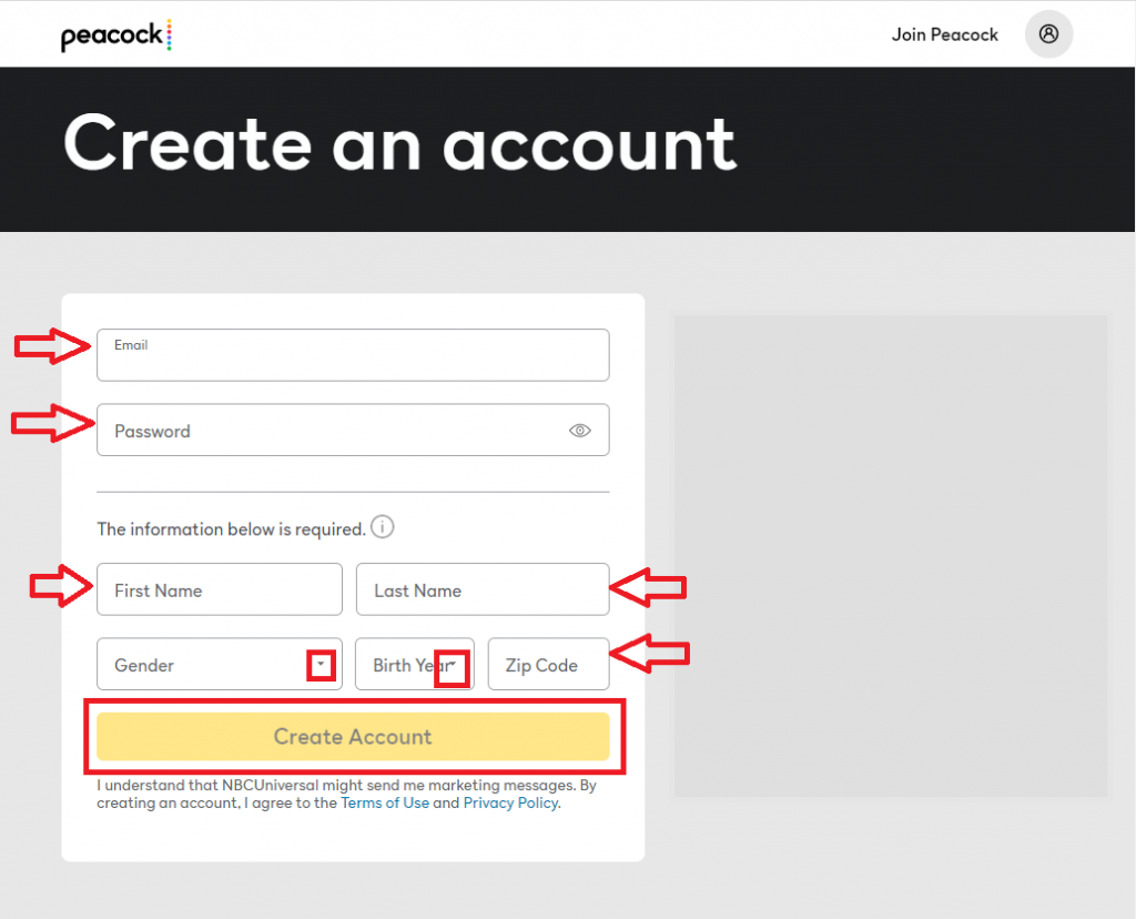 Activez Peacock TV - cliquez sur Créer un compte 