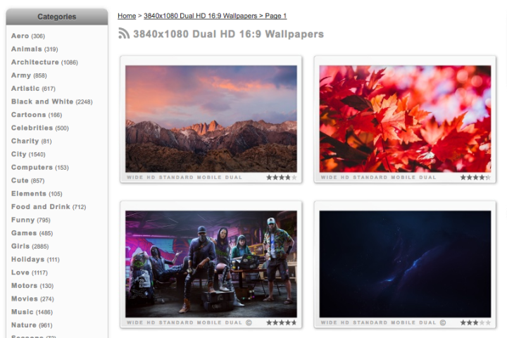Fonds d'écran Capture d'écran du site Web large montrant des vignettes de quatre fonds d'écran au format d'image 16:9 double HD 3840x1080.