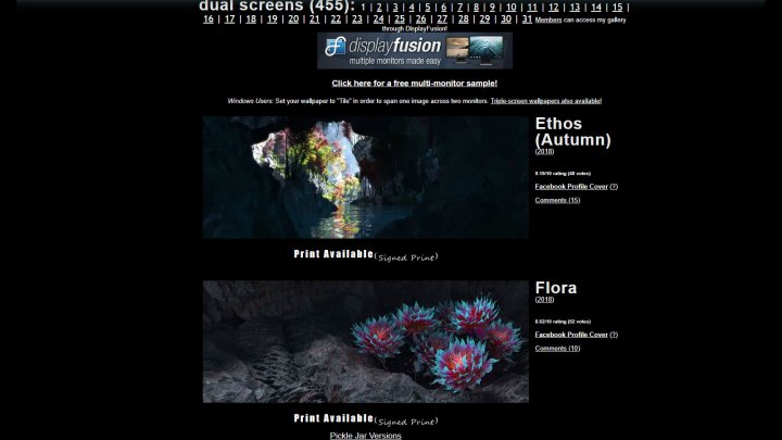 Capture d'écran du site Web Digital Blasphemy montrant deux de ses fonds d'écran disponibles : Ethos (Automne) et Flora.