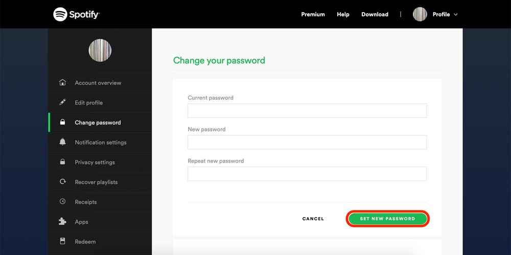   cliquez sur Définir un nouveau mot de passe pour modifier le mot de passe Spotify