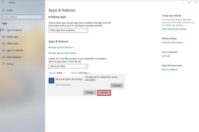 Désinstaller Office à l'aide de l'application Paramètres sur Windows 10