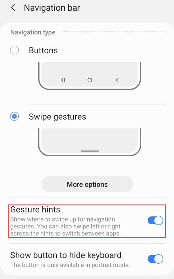 Pour masquer la barre d'indication de geste sur le téléphone Samsung, désactivez la "Conseils gestuels."