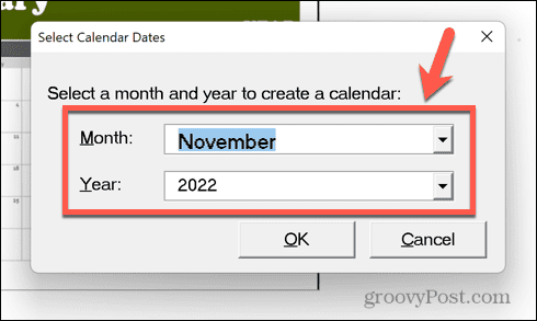 dates du calendrier excel