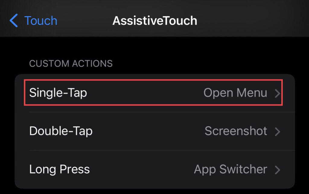 Sélectionner "Un seul clic" dans le menu tactile d'assistance.