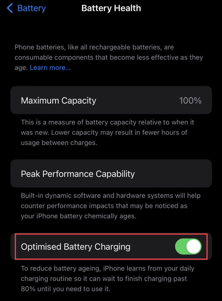 Appuyez pour activer "Charge de batterie optimisée."