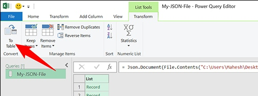 Comment convertir JSON en Excel - cliquez sur l'option To Table.