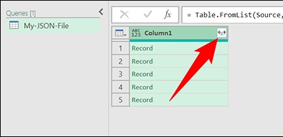 Comment convertir JSON en Excel - cliquez sur l'icône Développer la colonne