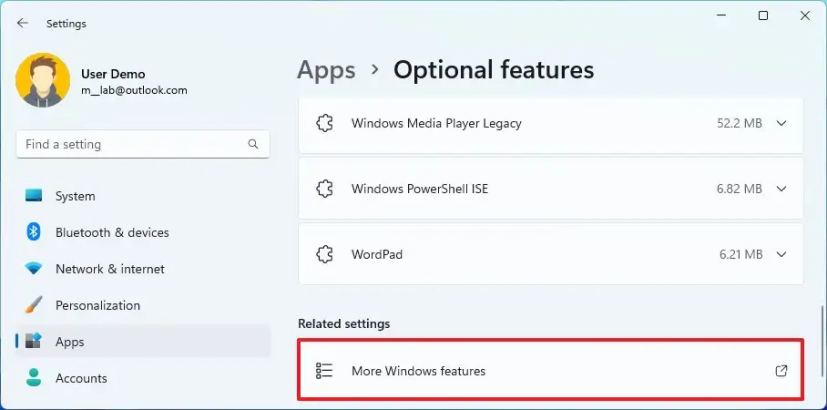 Ouvrir les paramètres de fonctionnalité Windows