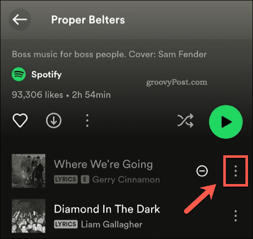 Ouvrez le menu des paramètres pour une chanson Spotify cachée
