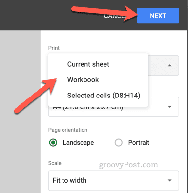 Sélectionnez la zone d'impression dans Google Sheets