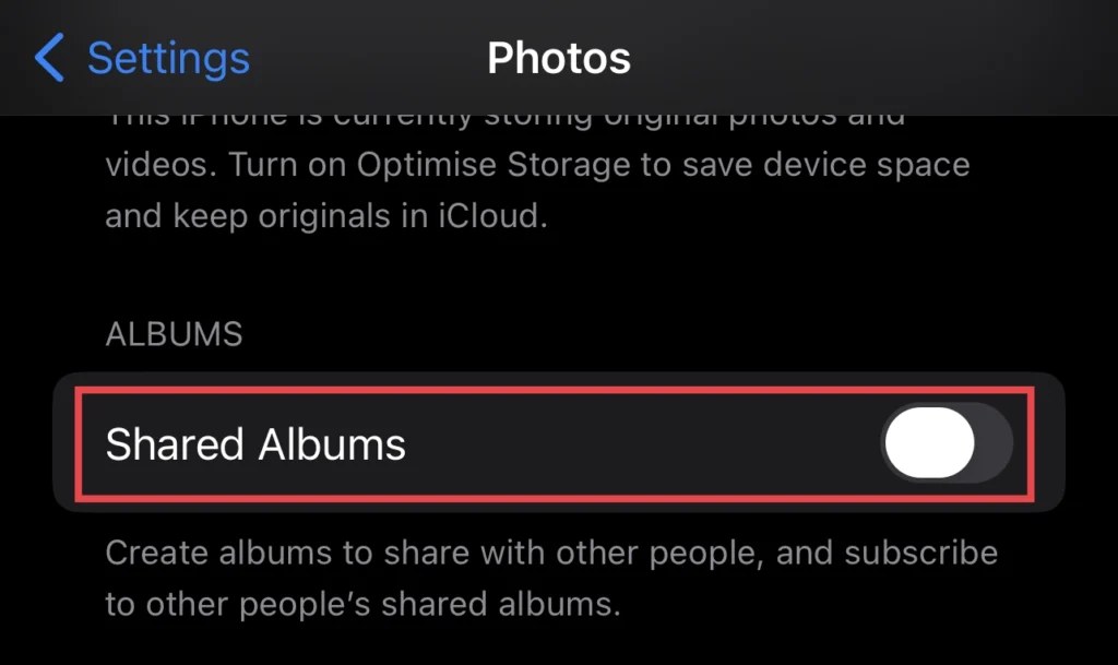 Appuyez pour désactiver le "Album partagé" fonctionnalité dans le menu des photos.