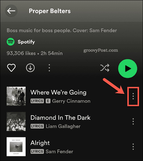 Ouvrir le menu d'une chanson Spotify