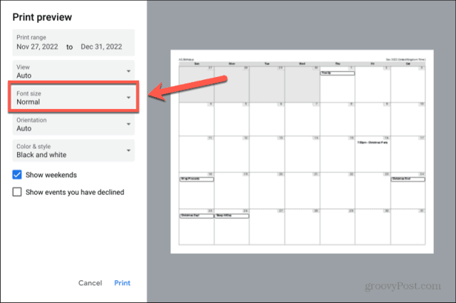 taille de la police de l'agenda google