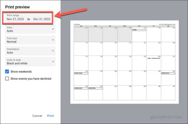 plage d'impression de l'agenda google