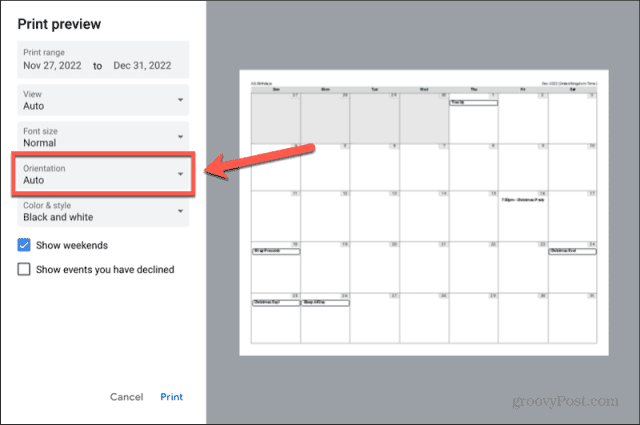 orientation du calendrier google