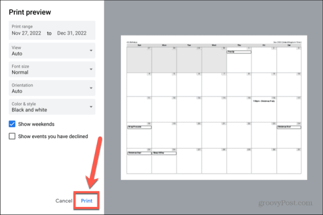 bouton d'impression de l'agenda google