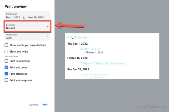 taille de la police du calendrier de l'agenda google