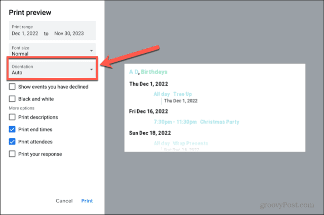 orientation du calendrier de l'agenda google